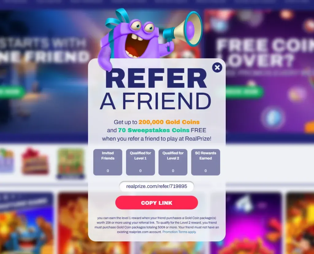 RealPrize - Banner with referral offer details.