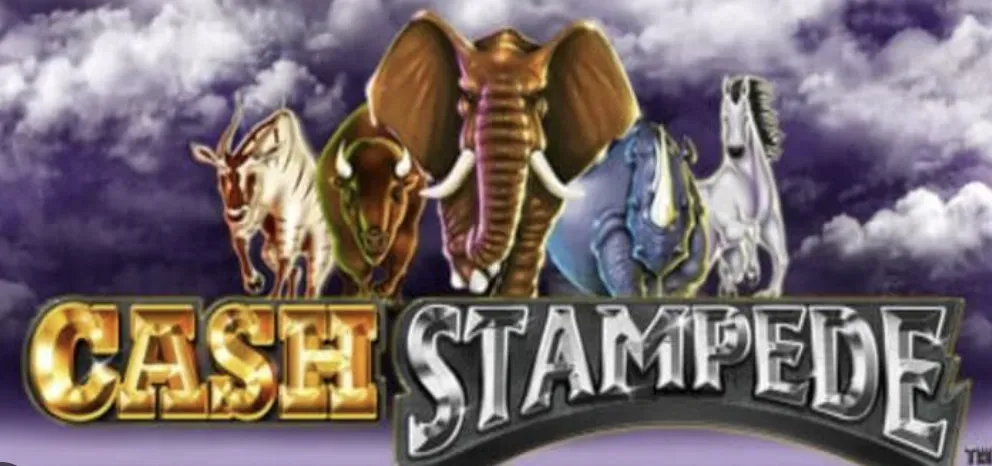 Cash Stampede - Logo with animals and clouds.