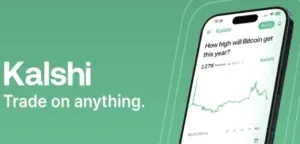 Kalshi - Banner with trading forecast on phone.