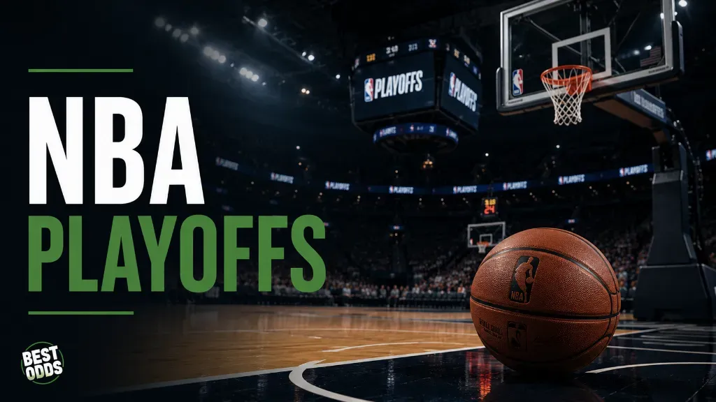 NBA Playoffs - Banner with basketball and court.