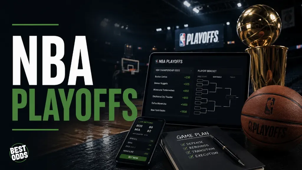 NBA Playoffs - Banner with game odds and trophy.