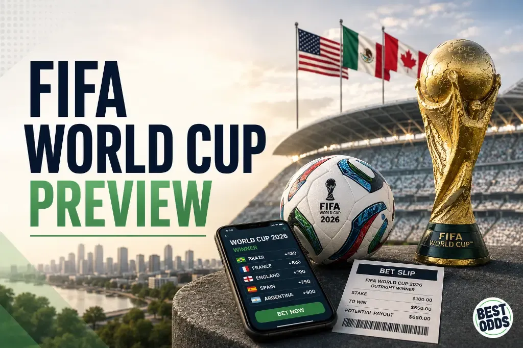 FIFA World Cup 2026 - Banner with trophy and flags.