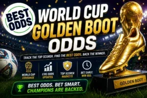 World Cup Golden Boot Odds - Banner with trophy and shoe.