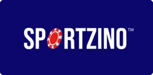 Sportzino - Logo with red chip on blue background.