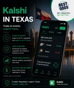 Kalshi - Banner with Texas flag and app details.
